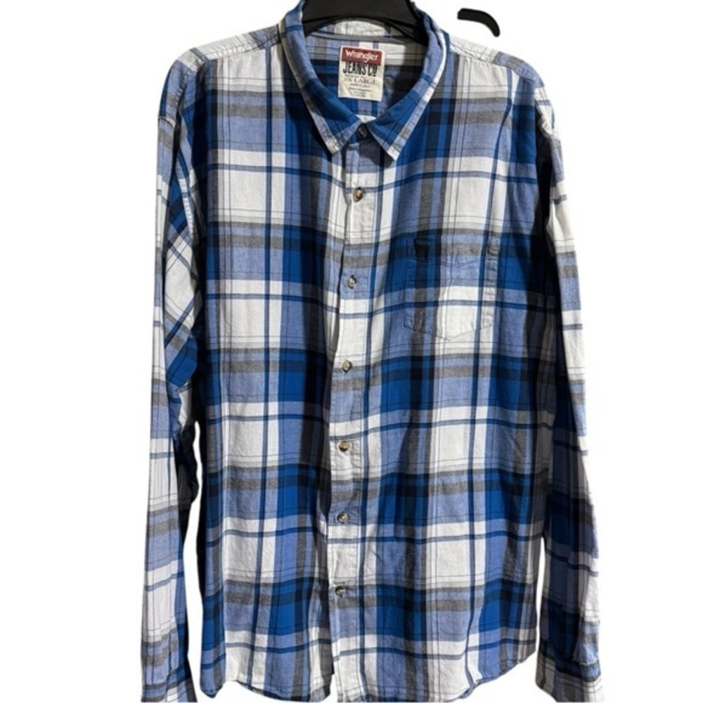 Wrangler Jeans Co Men’s 3XL‎ Western Button Up Blue White Plaid Long Sleeve EUC
